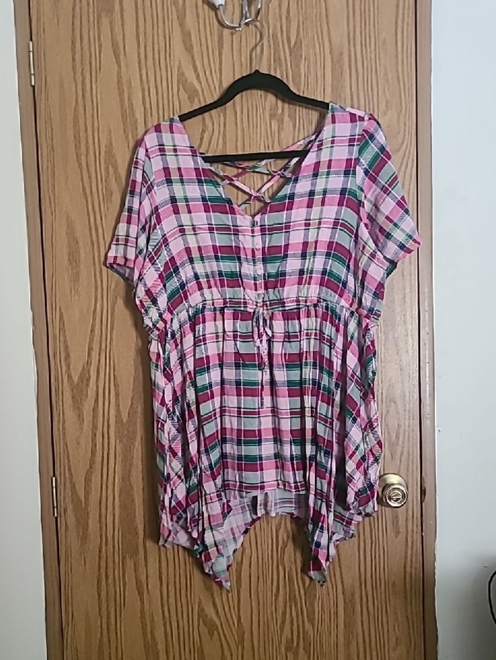 torrid Pink Plaid Crisscross Tunic with Green Accents